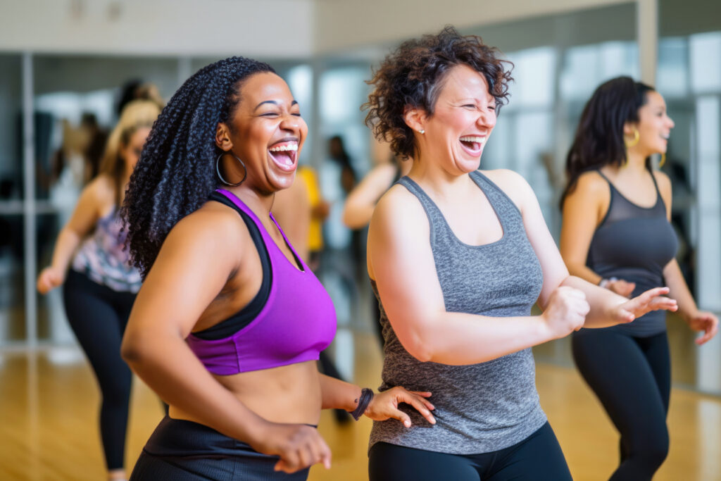 Middle aged women enjoying a joyful dance class, candidly expressing their active lifestyle through Zumba with friends, generative ai